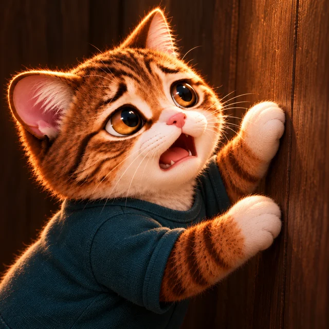 A cat in a teal shirt calling out with its paws against a wooden panel
