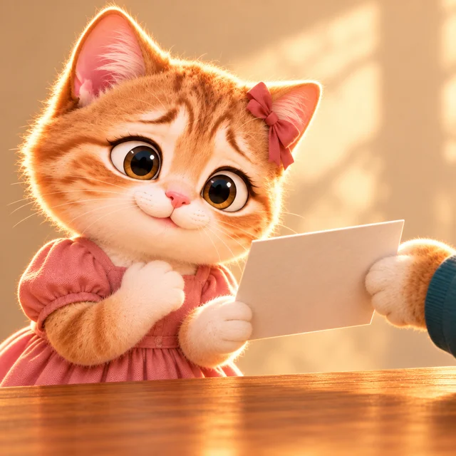 A cat in a pink dress looking relieved as she holds a photograph being handed to her