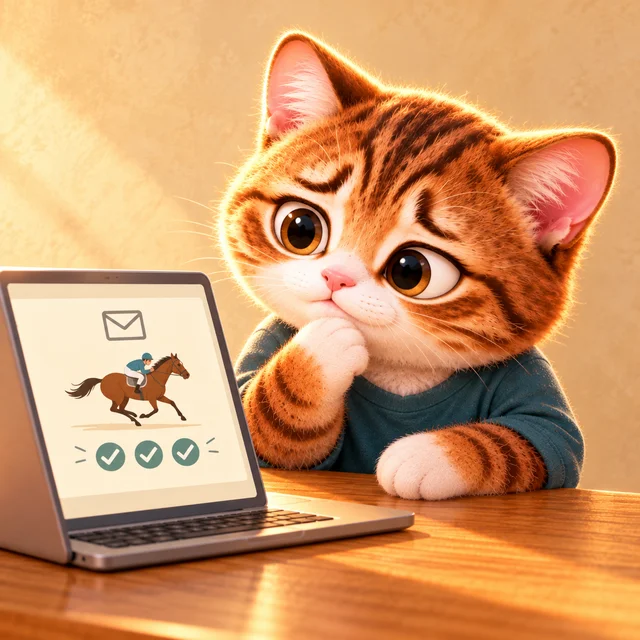 競走馬とメール、三つのチェックマークが表示されたノートパソコンを見て考え込む猫