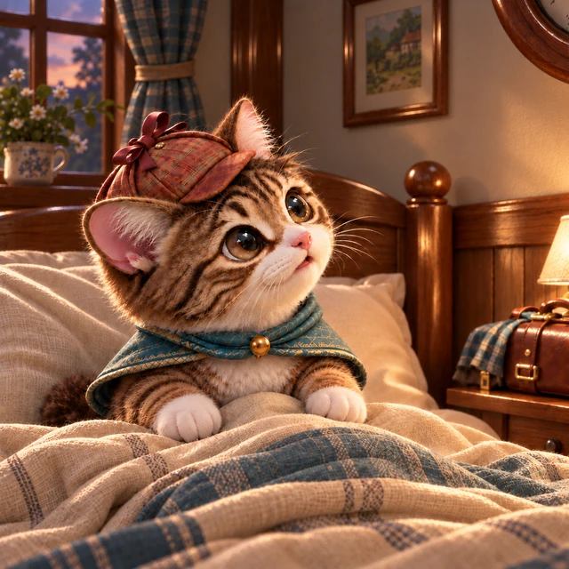 A cat detective looking toward a clock from a bed in a dim hotel room