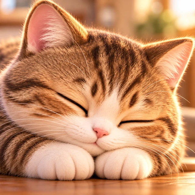 A kitten sleeping peacefully with its front paws together on a wooden table