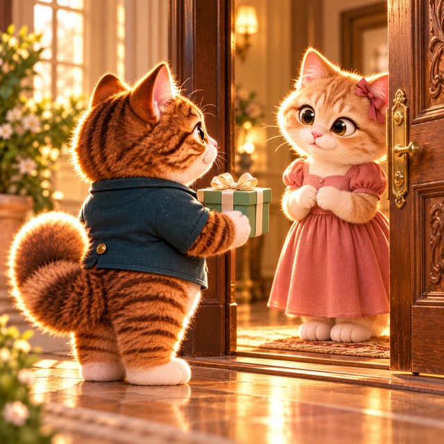 A kitten holding a gift box at a doorway, with another kitten standing inside
