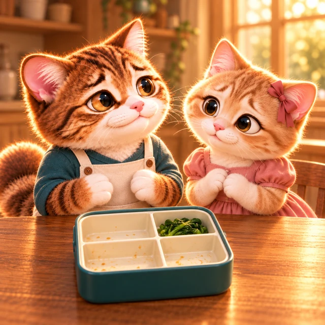 A cat wearing an apron and a cat in a pink dress sitting beside a lunchbox with one side dish left inside
