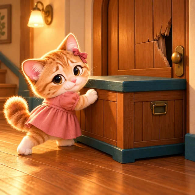 A cat in a pink dress pushing furniture in front of a damaged wooden door