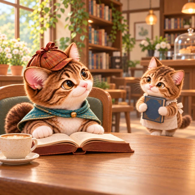 喫茶店で本を読む猫探偵と、閉じた本を持つ猫の店主