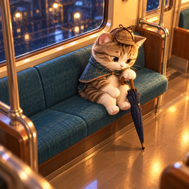 夜の電車で、閉じた傘を持って座る猫探偵