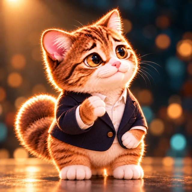 暖かな光の中、ジャケットを着て片方の前足を上げる子猫