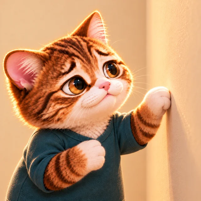 壁に前足を当てて、困った表情をする青緑色の服の猫