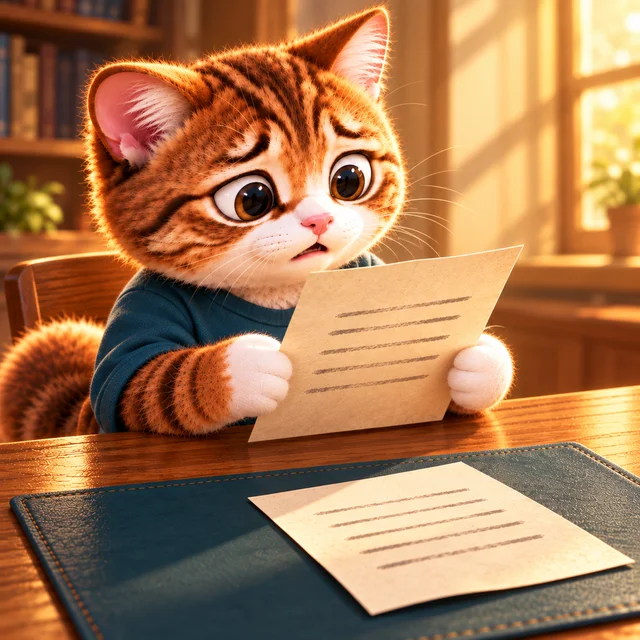 机の上の一枚の手紙を前に、もう一枚の手紙を読む青緑色の服の猫